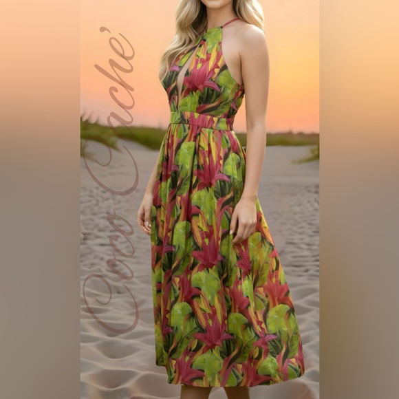 Floral Halter Backless Sleeveless Metallic Detail Midi Dress - Picture 1 of 14